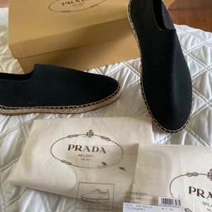 Brand new Prada Calzature Donna black knit cotton espadrille womens shoes size 8